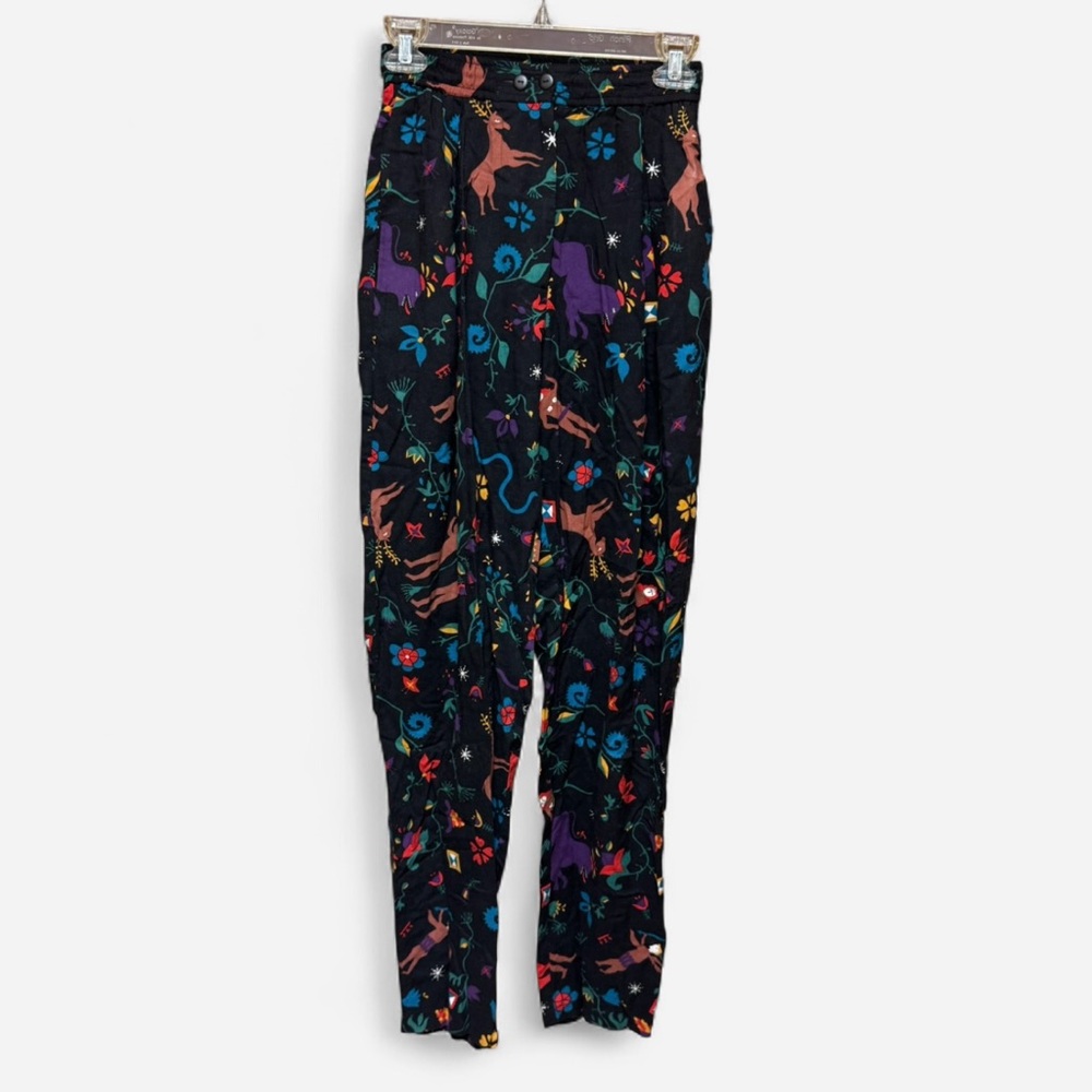 Vintage Putumayo Black and Multicolored Pastoral Print Straight Leg Pants